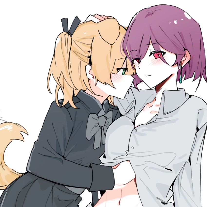 2girls animal_ears black_dress blonde_hair bow bowtie collared_shirt dog_ears dog_girl dog_tail dress green_eyes grey_bow grey_bowtie groping hand_under_clothes hand_under_shirt heaven_burns_red highres imminent_kiss jingbai968 long_sleeves multiple_girls nanase_nanami_(heaven_burns_red) purple_hair red_eyes ribbon shirt short_hair tail tezuka_saki yuri