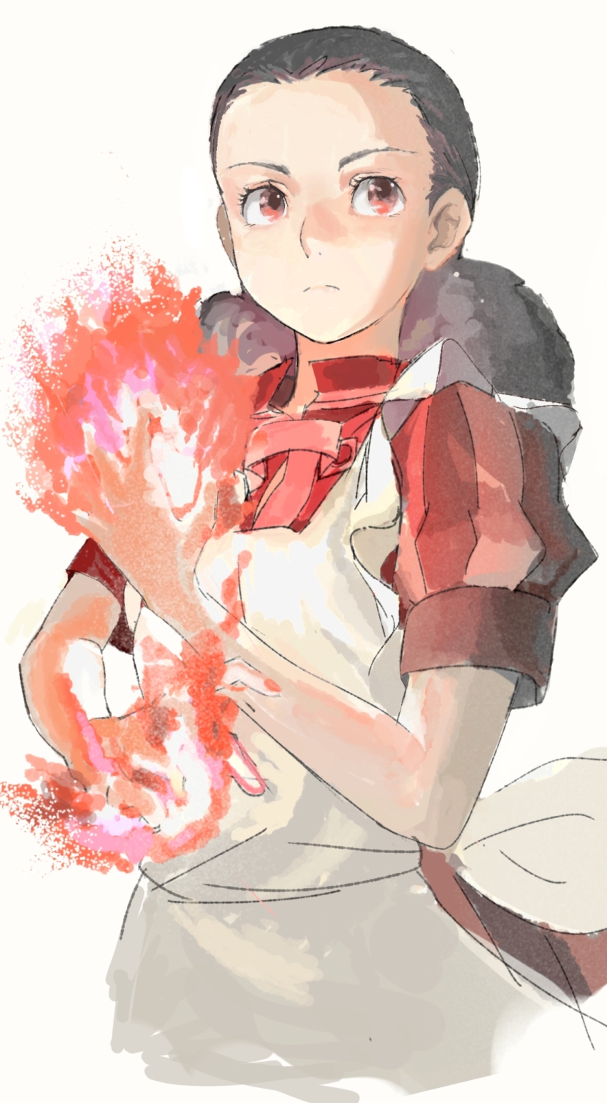 1girl apron black_hair dress facing_viewer flaming_hand frown hair_slicked_back hands_up highres himi_(kimitachi_wa_dou_ikiru_ka) kimitachi_wa_dou_ikiru_ka krauser_(kyuinkyuin777v) red_dress red_eyes serious short_sleeves simple_background sketch solo twintails white_background