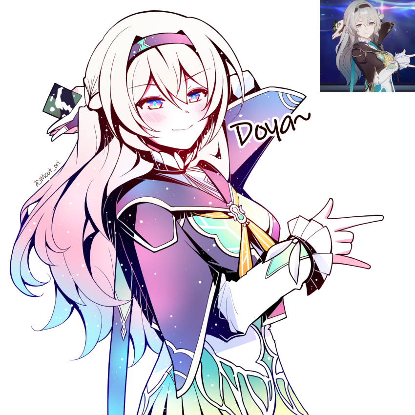 1girl aqua_dress blush closed_mouth collared_dress cropped_jacket doyagao dress electronduck firefly_(honkai:_star_rail) frilled_sleeves frills gradient_eyes gradient_hair green_pupils grey_hair hair_between_eyes hair_intakes hairband highres honkai:_star_rail honkai_(series) jacket long_hair long_sleeves multicolored_eyes multicolored_hair neckerchief orange_neckerchief simple_background smile smug solo twitter_username white_background white_sleeves