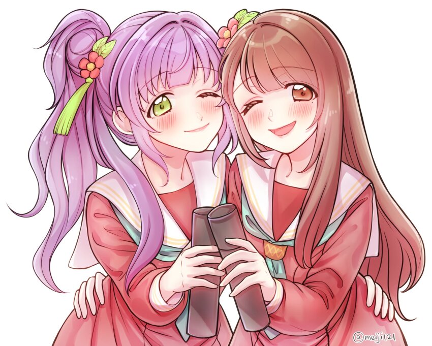 2girls ;) ;d animification aqua_neckerchief brown_dress brown_eyes brown_hair closed_mouth commentary_request diploma_tube dress flower flower_stand_art graduation green_eyes hair_bun hair_flower hair_ornament hanamiya_nina hand_on_another&#039;s_hip hasu_no_sora_school_uniform highres holding link!_like!_love_live! long_hair long_sleeves looking_at_viewer love_live! meiji_(mosamoo3) mole mole_under_eye multiple_girls neckerchief one_eye_closed open_mouth otomune_kozue pleated_dress real_life red_flower sailor_collar sailor_dress school_uniform side_ponytail sidelocks simple_background single_side_bun smile tassel tassel_hair_ornament twitter_username virtual_graduation_commemoration virtual_youtuber voice_actor voice_actor_connection white_background white_sailor_collar winter_uniform
