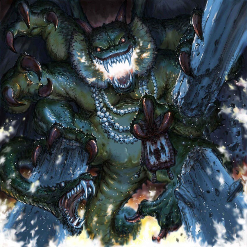 2boys blood blood_on_arm blood_on_clothes blood_on_face breath_weapon breathing_fire broken_pillar carrying_corpse claws commentary_request corpse crushing dragon_quest dragon_quest_ii extra_arms fins fire from_below glowing glowing_eyes green_eyes green_scales hargon head_fins highres holding holding_staff horns imminent_attack impaled jewelry looking_at_viewer looking_down mage_staff male_focus monster monster_focus multicolored_eyes multiple_boys necklace no_humans open_mouth red_eyes reservoirdogskozou robe sharp_teeth sidoh skull_necklace snake_tail staff tail teeth white_robe wings yellow_eyes