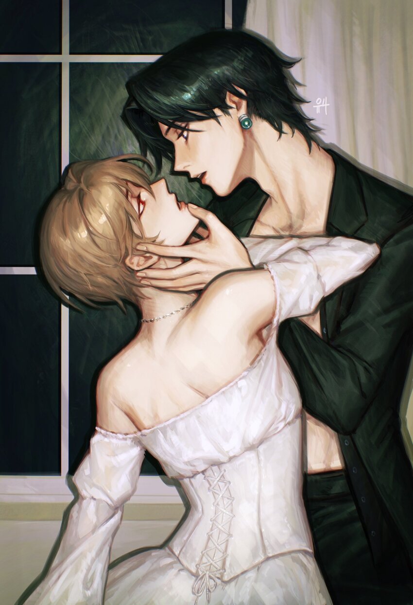 2boys androgynous black_eyes black_hair black_pants blonde_hair chrollo_lucilfer coat dress earrings hand_on_another&#039;s_chin highres hunter_x_hunter jewelry kgynh kurapika long_sleeves looking_at_another male_focus multiple_boys open_clothes open_coat pants red_eyes short_hair simple_background white_dress window yaoi