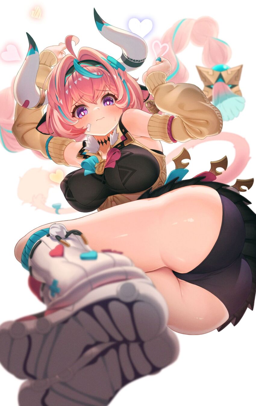ahoge animal_ears aqua_hair arms_up ass bell bike_shorts bike_shorts_under_skirt black_skirt blush bow braid breasts bright_pupils clenched_hands cow_ears cow_girl cow_horns cow_tail cowbell detached_sleeves embarrassed genshin_impact hairband heart highres horns large_breasts leg_warmers looking_at_viewer multicolored_hair pink_hair punco_(kdfg2577) purple_eyes shoes skirt sneakers streaked_hair tail thighs twin_braids varesa_(genshin_impact) wavy_mouth white_background white_leg_warmers yellow_sleeves
