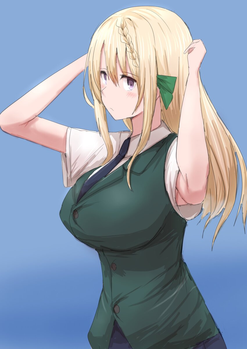 1girl absurdres black_necktie blonde_hair blue_background braid braided_bangs green_vest highres kamaboko_senshi kantai_collection necktie perth_(kancolle) puffy_short_sleeves puffy_sleeves purple_eyes short_sleeves solo upper_body vest