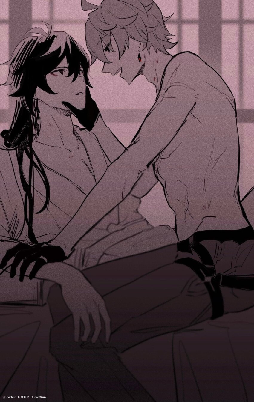 2boys alternate_costume cert8ain genshin_impact grabbing_another&#039;s_chin greyscale hand_on_another&#039;s_chin hickey hickey_marks hickeys_on_neck highres lofter lofter_logo monochrome multiple_boys on_bed open_clothes open_robe robe shirtless_male tartaglia_(genshin_impact) yaoi zhongli_(genshin_impact)