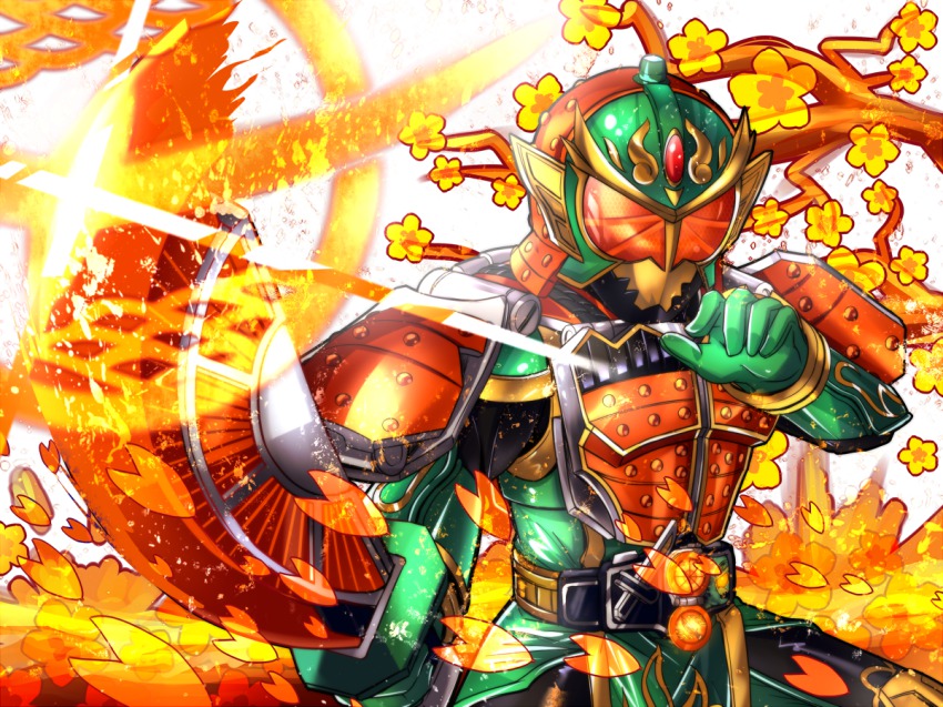 1boy armor belt cherry_blossoms food fruit kamen_rider kamen_rider_gaim_(series) kamen_rider_ryugen male_focus mask nomayo orange_(fruit) solo sword weapon