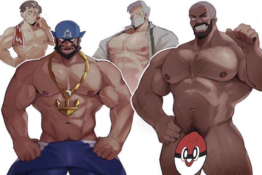 4boys abs anchor_necklace archie_(pokemon) arm_hair bara bare_pectorals beard buzz_cut censored chest_hair collared_shirt commentary_request dark-skinned_male dark_skin drayden_(pokemon) facial_hair grin highres jewelry k0bit0wani kabu_(pokemon) large_pectorals male_focus mature_male multicolored_hair multiple_boys muscular muscular_male navel navel_hair necklace necktie nintendo nipples novelty_censor old old_man one_eye_closed open_clothes open_shirt pectorals peony_(pokemon) pokemon pokemon_bw pokemon_oras pokemon_swsh shirt short_hair simple_background smile towel towel_around_neck two-tone_hair undone_necktie very_short_hair white_background white_hair