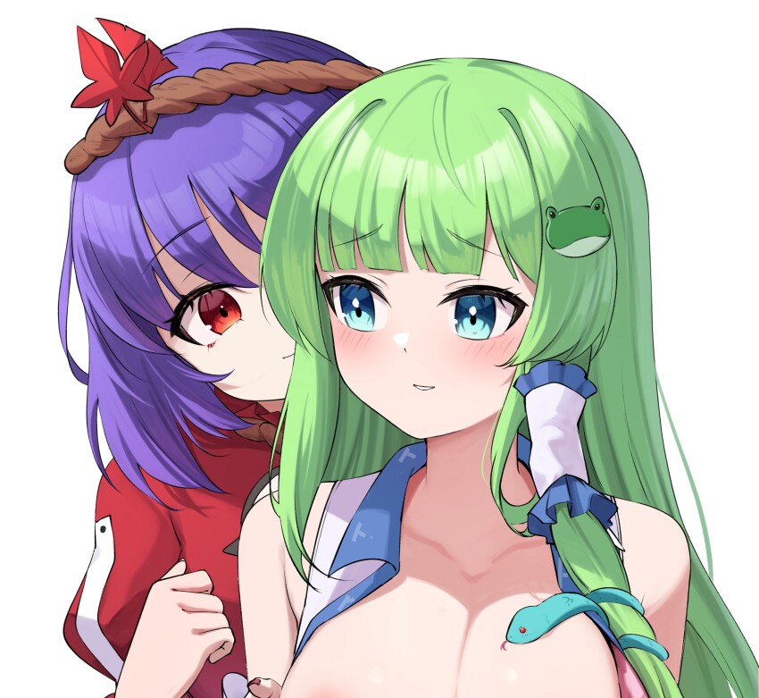 2girls absurdres areola_slip blue_eyes blunt_bangs blush breasts closed_mouth collared_shirt commentary_request frog_hair_ornament green_hair hair_ornament highres kochiya_sanae large_breasts leaf_hair_ornament long_hair looking_at_another looking_to_the_side multiple_girls oeyama open_clothes open_shirt paid_reward_available purple_hair red_eyes red_shirt rope shirt short_hair simple_background sleeveless sleeveless_shirt smile snake_hair_ornament touhou upper_body white_background white_shirt yasaka_kanako
