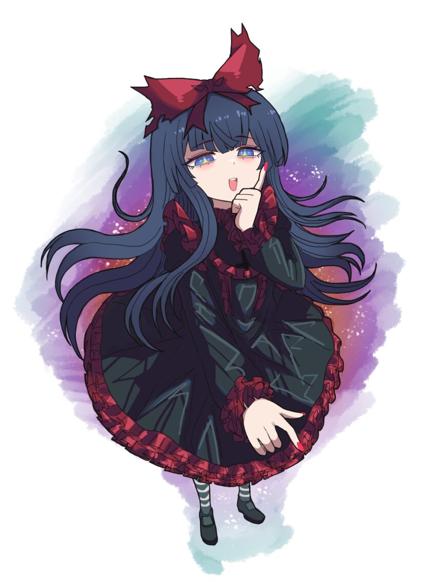 1girl black_dress black_shoes black_souls black_souls_2 blue_eyes blue_hair blush bow cross dress frilled_bow frilled_dress frilled_shirt_collar frilled_sleeves frills gradient_background hand_on_own_face hand_up head_bow highres hime_cut horizontal-striped_socks koshou_shou_mitsu long_hair looking_at_viewer mabel_(black_souls) outstretched_arm pointing red_nails red_ribbon ribbon shoes simple_background smile socks solo star-shaped_pupils star_(symbol) striped_clothes striped_socks symbol-shaped_pupils teeth upper_teeth_only white_background