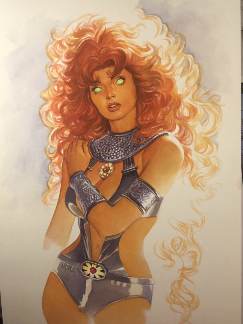 1girl alex_ross big_hair colored_skin dc_comics green_eyes highres long_hair looking_at_viewer orange_hair orange_skin solid_eyes solo starfire teen_titans