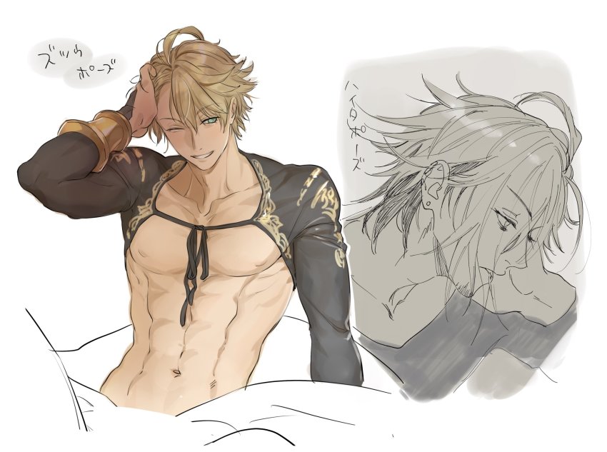 1boy abs ahoge aladdin_(sinoalice) bare_pectorals beard blonde_hair blue_eyes bridal_gauntlets earrings facial_hair gold_trim hand_in_own_hair highres jewelry looking_at_viewer looking_to_the_side ogamiomi one_eye_closed open_mouth pectorals reality_arc_(sinoalice) ribbon sad short_hair simple_background sinoalice sketch smile teeth white_background
