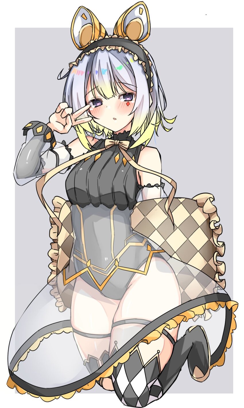 1girl animal_ears armpit_crease asymmetrical_legwear black_leotard breasts checkered_clothes checkered_legwear checkered_pillow detached_sleeves duel_monster frilled_hairband frills grey_background hairband half-closed_eyes highres kinokohaman leotard long_sleeves medium_breasts mouse_ears mouse_girl open_mouth pillow see-through_clothes see-through_sleeves short_hair simple_background thigh_strap v yu-gi-oh!