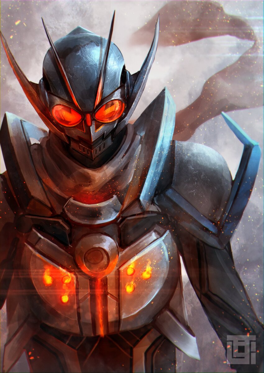 1boy absurdres armor artist_logo blue_armor body_armor commentary_request compound_eyes gloves glowing goggles goggles_on_head gotcha_driver highres kamen_rider kamen_rider_gotchard kamen_rider_gotchard_(series) kozsen_810290 logo looking_at_viewer male_focus orange_eyes rider_belt scarf solo standing steam_hopper tokusatsu upper_body white_gloves white_scarf
