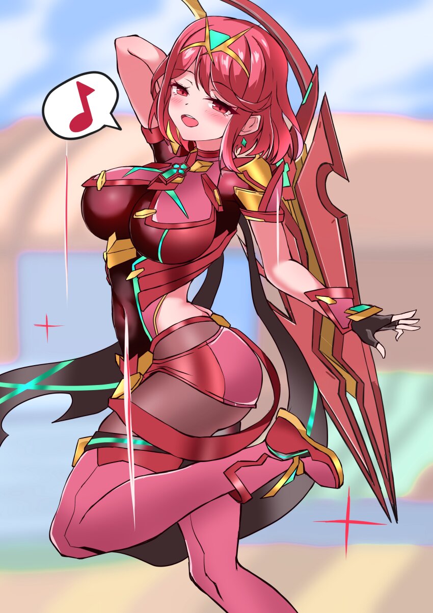 1girl absurdres aegis_sword_(xenoblade) armor ass backless_outfit black_gloves blush bob_cut breasts chest_jewel earrings fingerless_gloves floating_earrings gloves half-closed_eyes highres impossible_clothes jewelry large_breasts musical_note nintendo otama_(otama_ladle23) pantyhose pantyhose_under_shorts pyra_(xenoblade) red_eyes red_hair red_shorts red_thighhighs short_hair short_sleeves shorts shoulder_armor smile solo spoken_musical_note super_smash_bros. suspenders swept_bangs thighhighs thighhighs_over_pantyhose tiara weapon xenoblade_chronicles_(series) xenoblade_chronicles_2