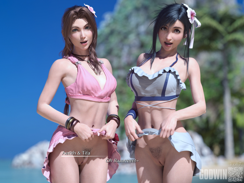 2girls 3d aerith_gainsborough aerith_gainsborough_(pink_mermaid) artist_name beach bikini bikini_skirt bikini_top_only black_hair blue_sky blurry blurry_background breasts clothes_lift commentary cowboy_shot day english_commentary eyelashes final_fantasy final_fantasy_vii final_fantasy_vii_rebirth final_fantasy_vii_remake flower forehead godwin3d green_eyes hair_flower hair_intakes hair_ornament highres large_breasts looking_at_viewer medium_breasts multiple_girls official_alternate_hairstyle open_mouth outdoors paid_reward_available pink_bikini ponytail pubic_stubble pussy red_eyes skirt skirt_lift sky swimsuit tifa_lockhart tifa_lockhart_(shining_spirit) uncensored white_bikini