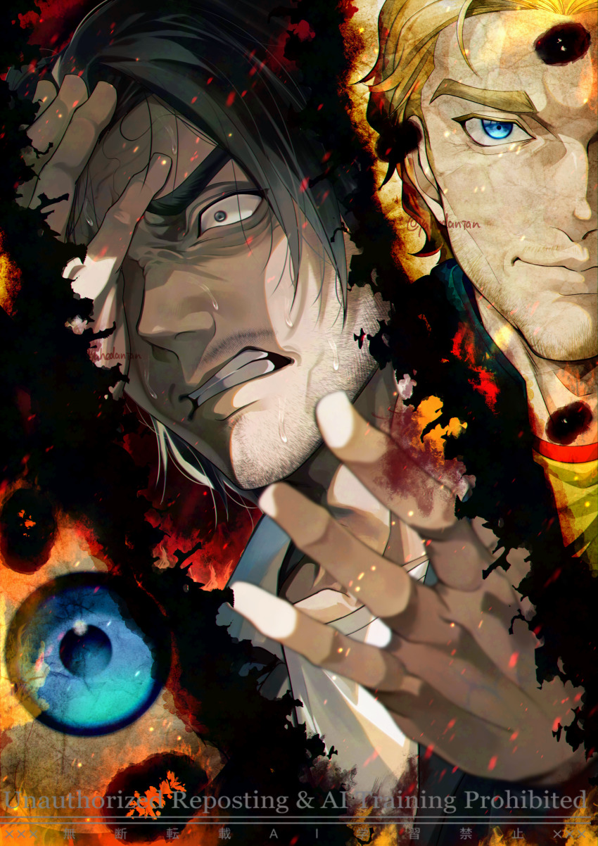2boys beard_stubble blonde_hair blue_eyes brown_hair curly_(mouthwashing) curly_(pre-crash)_(mouthwashing) eyeball facial_hair fire hand_on_own_face highres jimmy_(mouthwashing) looking_at_viewer male_focus mouthwashing multiple_boys shirt short_hair stubble teeth watermark yahedanian