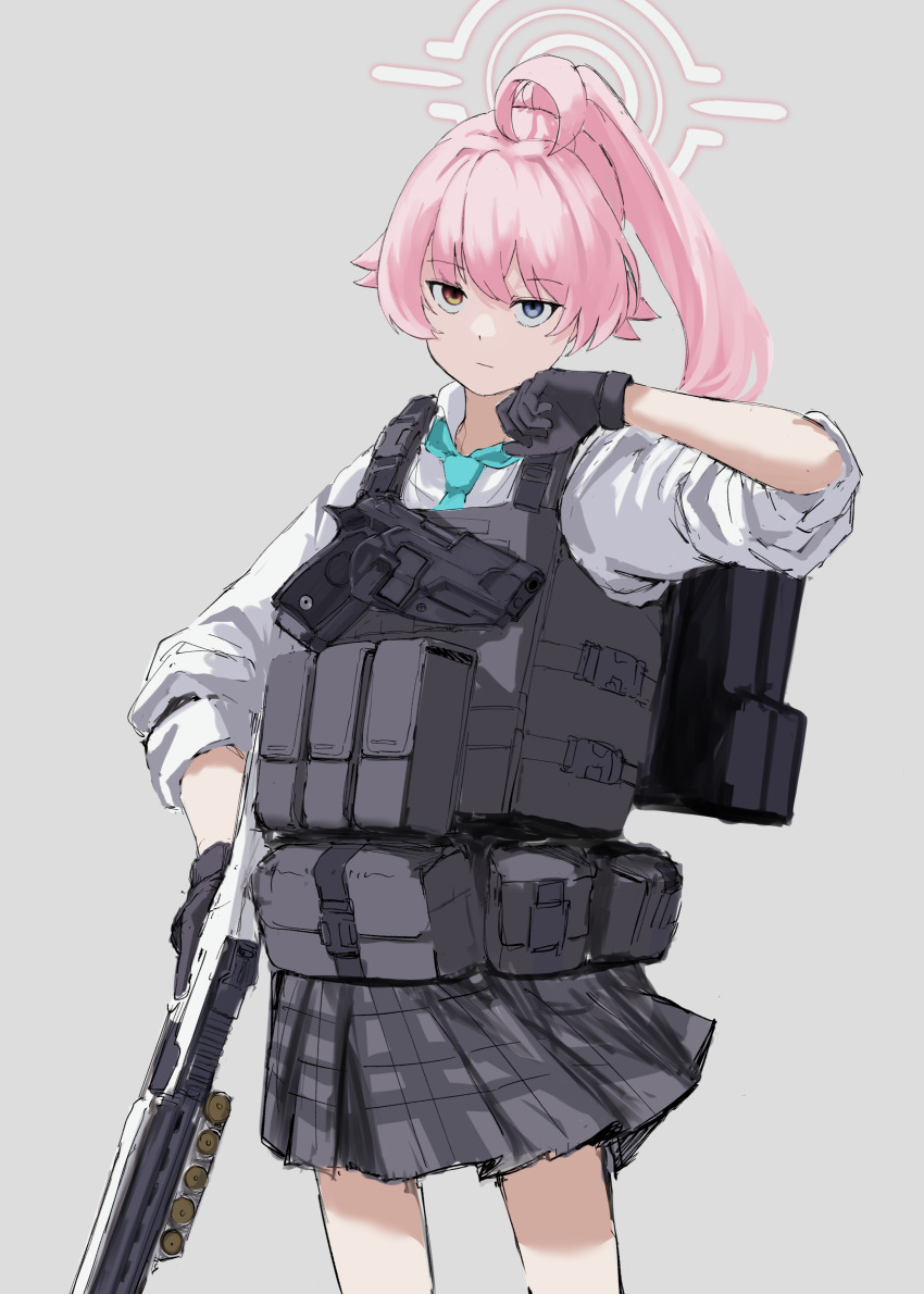 1girl absurdres ahoge black_gloves blue_archive blue_eyes blue_necktie body_armor bulletproof_vest closed_mouth collared_shirt commentary_request dot_nose gloves grey_background grey_skirt gun halo handgun heterochromia high_ponytail highres holding holding_gun holding_weapon holster hoshino_(armed)_(blue_archive) hoshino_(blue_archive) long_hair looking_at_viewer n.e. necktie pink_hair pink_halo plaid_clothes plaid_skirt pleated_skirt ponytail pouch school_uniform shirt shotgun sketch skirt solo standing tactical_clothes weapon white_shirt yellow_eyes
