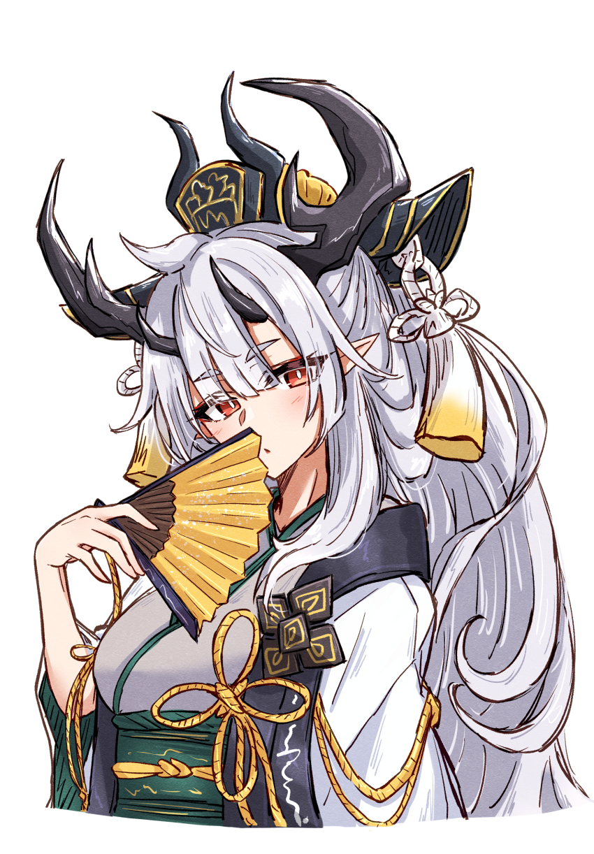 1girl absurdres arknights black_horns bright_pupils commentary_request cropped_torso eyes_visible_through_hair folding_fan green_sash grey_kimono hair_between_eyes hand_fan haori highres holding holding_fan horns japanese_clothes kimono long_hair maiq06 matoimaru_(arknights) matoimaru_(frosted_steps)_(arknights) obi official_alternate_costume open_clothes orange_eyes pointy_ears sash simple_background solo tassel white_background white_hair white_pupils