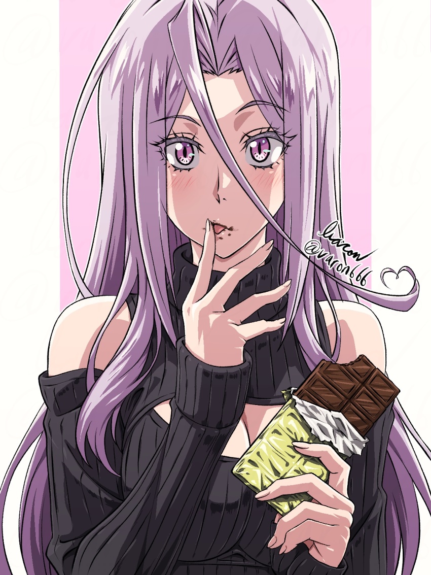 1girl baron_(varon666) breasts chocolate cleavage fuuto_tantei highres large_breasts licking_finger long_hair looking_at_viewer purple_eyes purple_hair solo tokime_(fuuto_tantei) varon