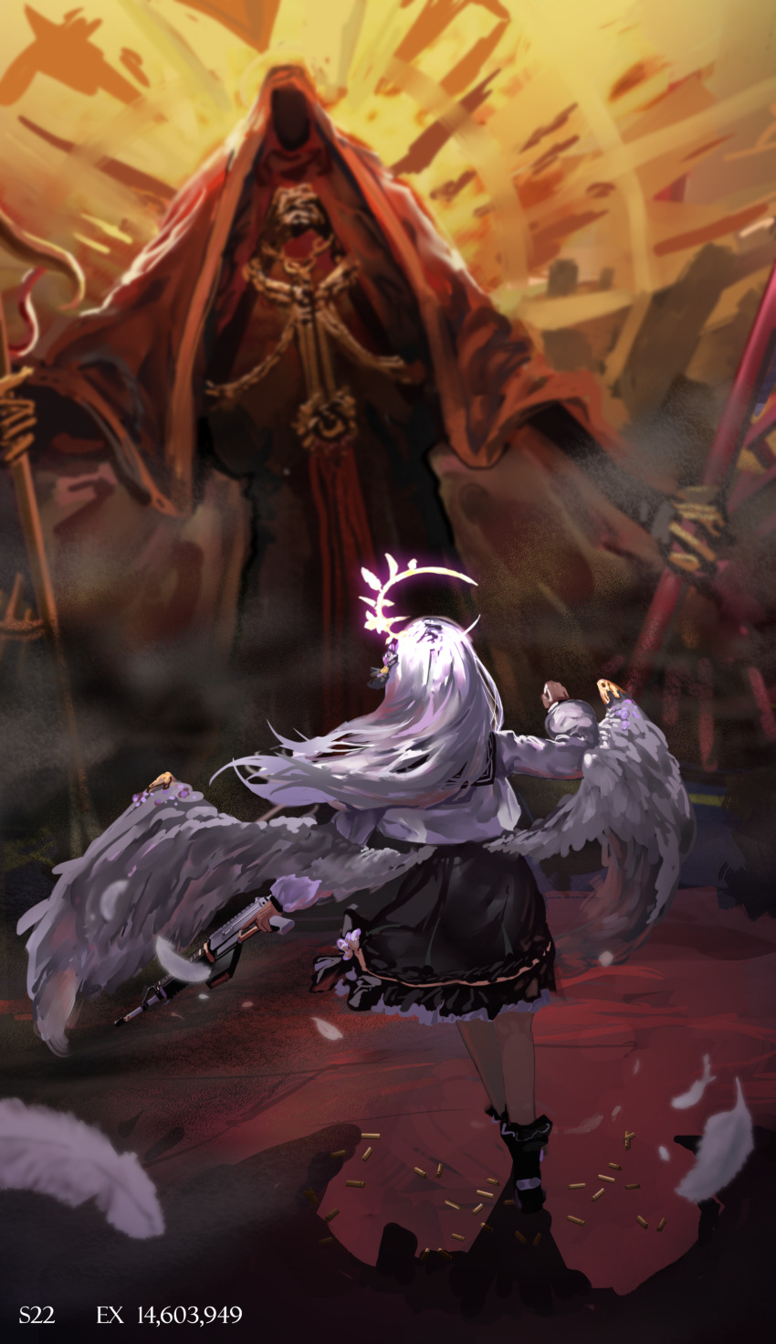 absurdres aircctzillie angel_wings assault_rifle azusa_(blue_archive) battle black_skirt blue_archive frilled_skirt frills from_behind gun hair_ornament halo hieronymus_(blue_archive) highres holding holding_gun holding_weapon indoors long_hair looking_ahead m4_carbine purple_halo rifle sailor_collar sailor_shirt school_uniform shirt skirt standing weapon white_hair wings