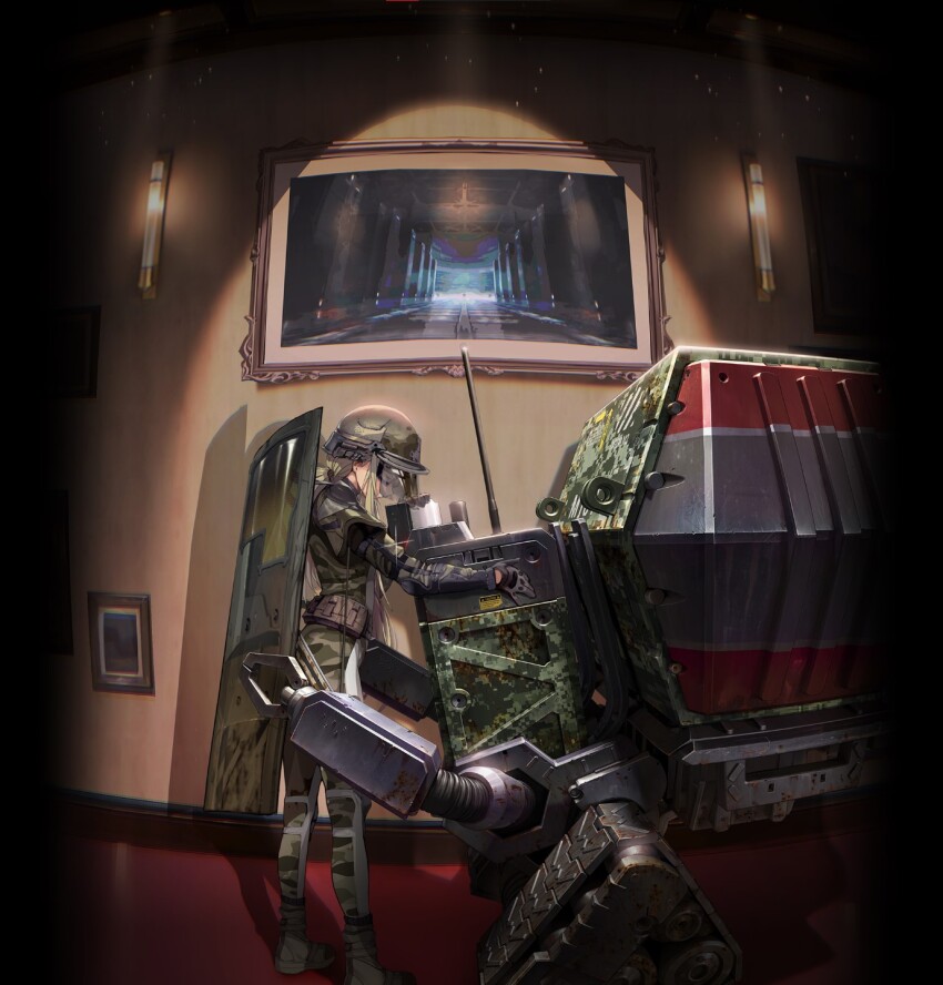 1girl art_(nikke) blonde_hair boots camouflage com_(nikke) game_cg goddess_of_victory:_nikke goggles helmet highres hug long_hair painting_(object) robot shield shield_on_back soldier_fa_(nikke) very_long_hair