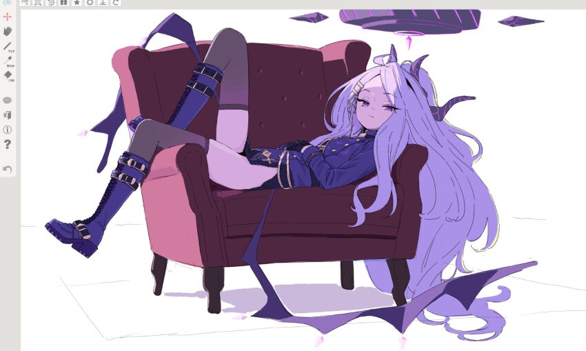 1girl ahoge armchair art_program_in_frame belt_boots black_gloves black_halo black_skirt black_thighhighs black_wings blue_archive boots buttons chair closed_mouth coat commentary_request demon_girl demon_horns demon_wings double-breasted expressionless full_body gloves hair_ornament hairclip half-closed_eyes halo highres hina_(blue_archive) horns knee_boots knee_up lace-up_boots leg_up loli long_coat long_hair long_sleeves looking_at_viewer low_wings lying military_uniform miniskirt multiple_horns okimiyage_(oitekuze_kore) on_back on_chair oversized_wings paint_chat_(medium) parallel_hairclips parted_bangs pencil_skirt purple_coat purple_eyes shade side_slit simple_background skirt solo thighhighs thighs very_long_hair white_background white_hair wings zettai_ryouiki