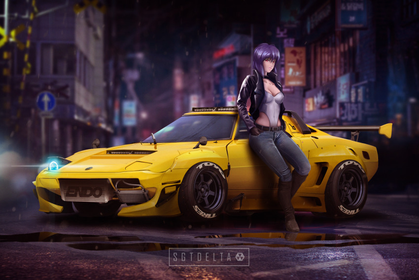1girl against_vehicle belt black_choker black_gloves black_jacket blurry blurry_background boots breasts brown_boots car choker cleavage covered_navel cyberpunk denim depth_of_field full_body ghost_in_the_shell gloves grey_leotard hands_in_pockets highres jacket jeans knee_boots kusanagi_motoko lancia_(brand) lancia_stratos leather leather_jacket lens_flare leotard leotard_under_clothes medium_breasts medium_hair motor_vehicle open_clothes open_jacket pants pop-up_headlights popped_collar puddle purple_hair red_eyes sgtdelta single_pop-up_headlight solo vehicle_focus