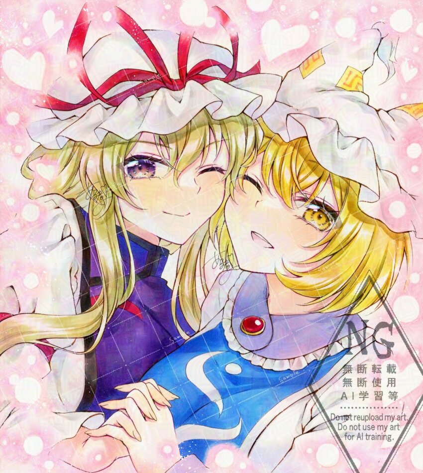 2girls alto2019 blonde_hair blue_tabard closed_mouth dress fox_girl hair_between_eyes hat highres holding_hands long_hair long_sleeves looking_at_viewer medium_hair mob_cap multiple_girls one_eye_closed open_mouth pink_background purple_eyes purple_tabard signature smile tabard teeth touhou traditional_media upper_teeth_only watermark white_dress yakumo_ran yakumo_yukari yellow_eyes