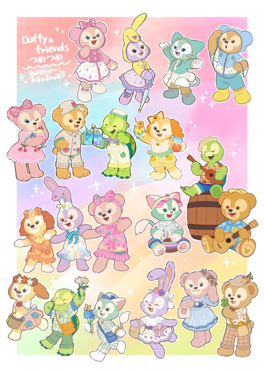 3boys 3girls animal_ears bear_girl cookieann duffy_and_friends duffy_the_disney_bear gelatoni green_fur guitar highres instrument looking_at_viewer multiple_boys multiple_girls multiple_persona olu_mel rabbit_ears rabbit_girl shelliemay shirt smile stellalou stuffed_animal stuffed_toy takatmaorange turtle_boy