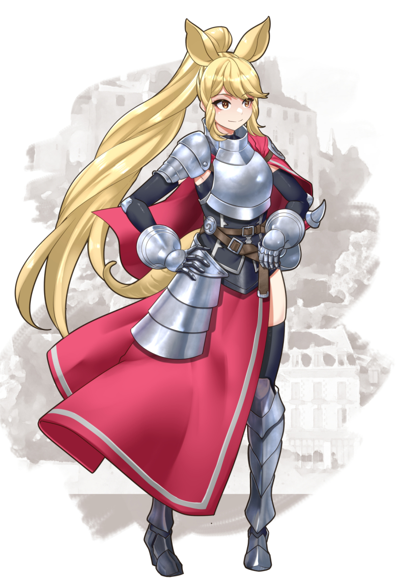 1girl alternate_costume alternate_hair_length alternate_hairstyle animal_ears armor armored_boots blonde_hair boots breastplate brown_eyes cape closed_mouth detached_sleeves elbow_rest extra_ears full_body gauntlets hand_on_own_hip high_ponytail highres kawanami_eito kemono_friends legs_apart long_hair looking_to_the_side plate_armor ponytail rhinoceros_ears short_cape shoulder_armor smile solo standing thighhighs very_long_hair weapon white_rhinoceros_(kemono_friends)