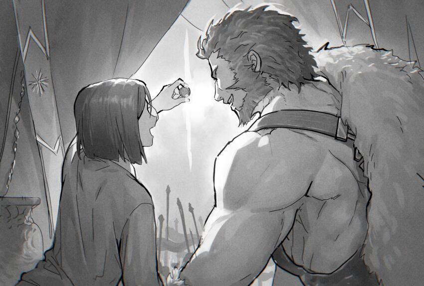 2boys beard coin curtains facial_hair fate_(series) from_behind greyscale highres holding holding_coin iskandar_(fate) lalatia-meai male_focus monochrome multiple_boys muscular muscular_male open_mouth short_hair sunlight vase waver_velvet