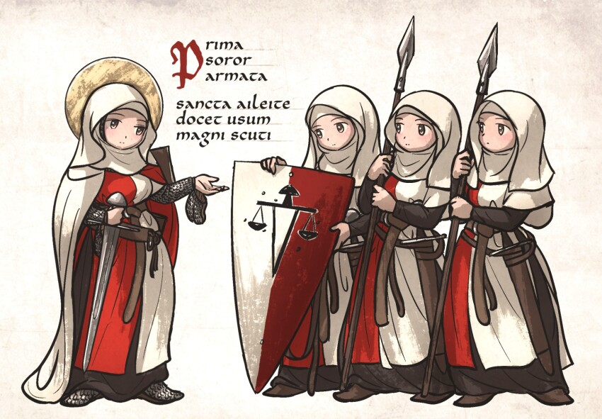 4girls armor armored_boots balance_scale_print belt black_dress boots brown_belt brown_boots brown_eyes cape chainmail closed_mouth commentary dress english_commentary gloves halo halo_behind_head hauberk highres holding holding_polearm holding_shield holding_sword holding_weapon ironlily long_sleeves medieval multiple_girls nun ordo_mediare_sisters_(ironlily) polearm scabbard sheath shield simple_background spear standing surcoat sword two-handed unworn_gloves veil weapon white_background white_cape white_veil wimple