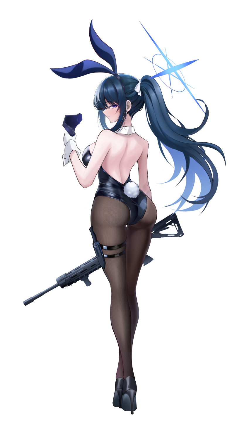 1girl absurdres animal_ears ass assault_rifle black_footwear black_hairband black_leotard blue_archive blue_eyes blue_hair bow breasts closed_mouth detached_collar fake_animal_ears fake_tail from_behind full_body gloves gun hair_bow hair_ribbon hairband halo high_heels highres holding holding_gun holding_weapon kaka_(abclkj12) large_breasts leotard long_hair ponytail rabbit_ears rabbit_tail ribbon rifle saori_(blue_archive) sig_516 solo standing strapless strapless_leotard tail thigh_strap weapon white_bow white_gloves white_ribbon white_wrist_cuffs wrist_cuffs