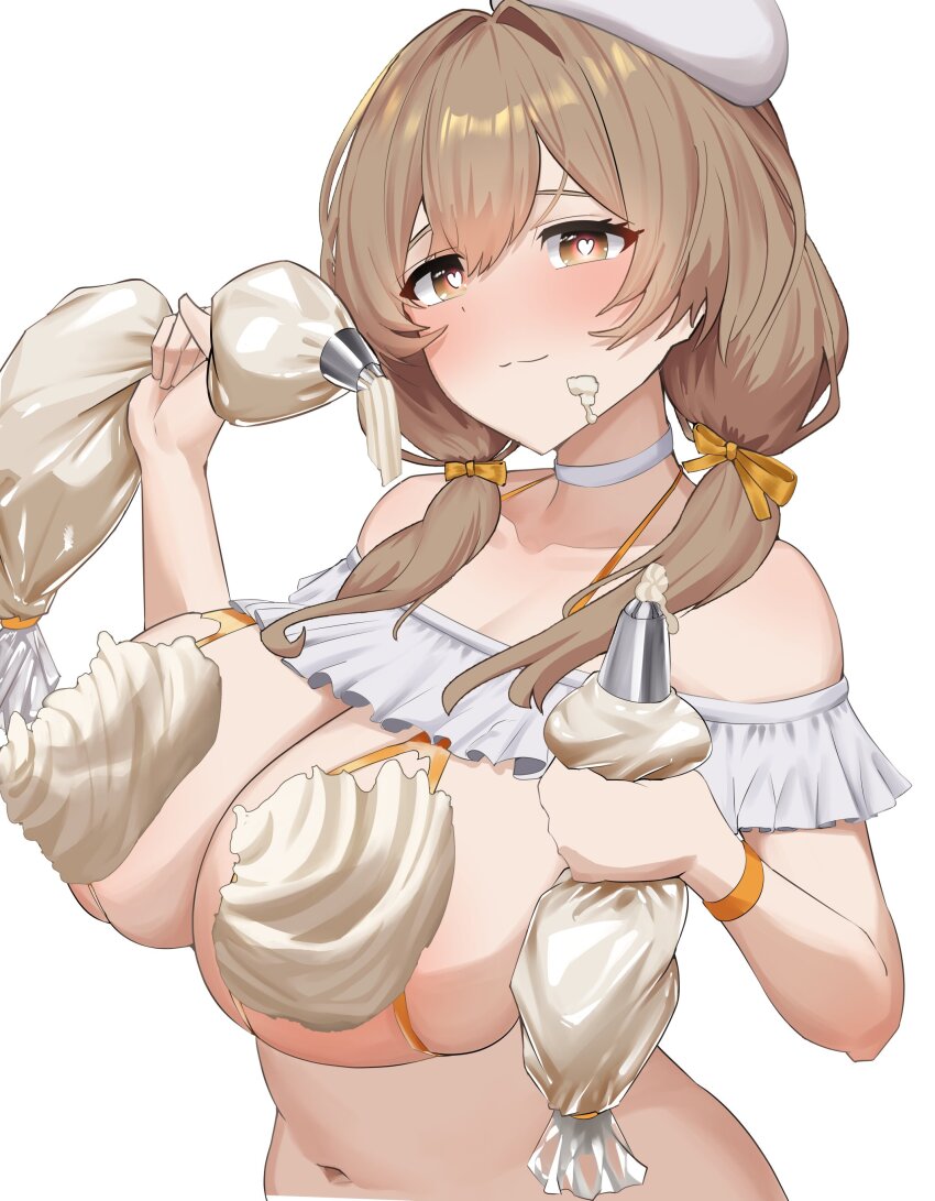 1girl absurdres beret bikini bready_(nikke) breasts brown_eyes brown_hair commentary_request cream_on_breasts goddess_of_victory:_nikke hat heart heart-shaped_pupils highres holding holding_pastry_bag huge_breasts medium_hair nakamura_harunobu navel nipple_cutout pastry_bag plump simple_background solo swimsuit symbol-shaped_pupils upper_body white_background yellow_bikini