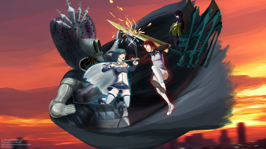 00s 10s 2016 absurdres artist_name battle blue_footwear blue_hair blue_skirt bug building cape child_(my-hime) claw_(weapon) claws crazy_eyes crazy_smile crossover crown cutlass dark_bear_lab_(artist) dusk gloves highres holding holding_own_arm holding_weapon julia_(my-hime) magical_girl mahou_shoujo_madoka_magica mahou_shoujo_madoka_magica_(anime) miki_sayaka miki_sayaka_(magical_girl) monster my-hime oktavia_von_seckendorff red_hair school_uniform serafuku shoes skirt smile sneakers sparks spider sword thighhighs weapon white_gloves white_legwear witch_(madoka_magica) yuuki_nao
