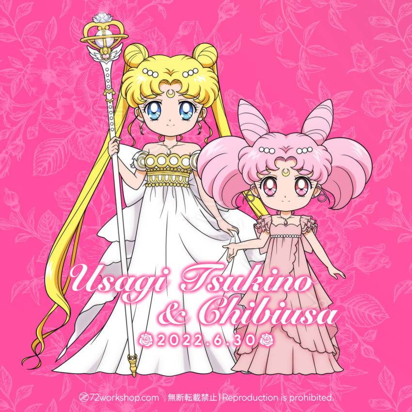 2girls 72workshop back_bow bishoujo_senshi_sailor_moon blonde_hair blue_eyes bow chibi chibi_usa crescent crescent_facial_mark double_bun dress eternal_tiare facial_mark forehead_mark hair_bun highres huge_bow jewelry mother_and_daughter multiple_girls necklace pink_background pink_dress pink_eyes pink_hair princess_serenity sailor_chibi_moon sailor_moon small_lady_serenity smile tsukino_usagi twintails white_dress