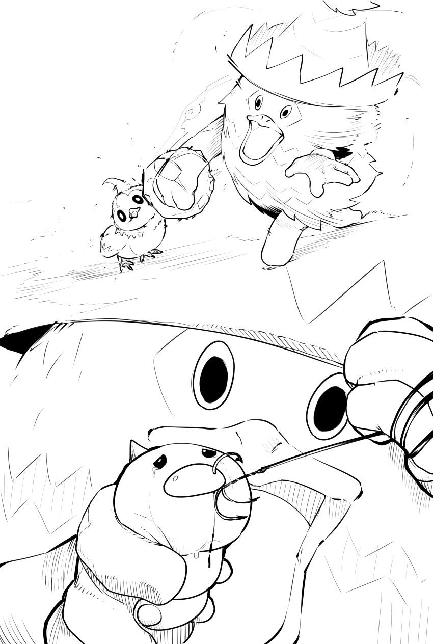 absurdres blood creature_as_food fishing_line gen_1_pokemon gen_3_pokemon gen_4_pokemon highres hook ludicolo nintendo niwarhythm no_humans open_mouth pokemon pokemon_(creature) punching starly weedle