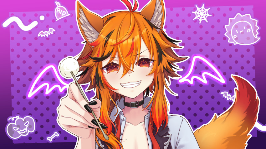 1girl absurdres animal_ears belt belt_collar black_belt black_hair black_nails black_vest collar collarbone fingernails fox_ears fox_girl fox_tail grin hair_between_eyes highres kazami_kuku kemonomimi_mode large_variant_set long_bangs long_hair looking_at_viewer mimikaki multicolored_hair nail_polish nanashi_inc. open_clothes open_shirt open_vest orange_eyes orange_hair red_hair reona_kfc02 shirt smile solo tail upper_body v-shaped_eyebrows variant_set vest virtual_youtuber white_shirt