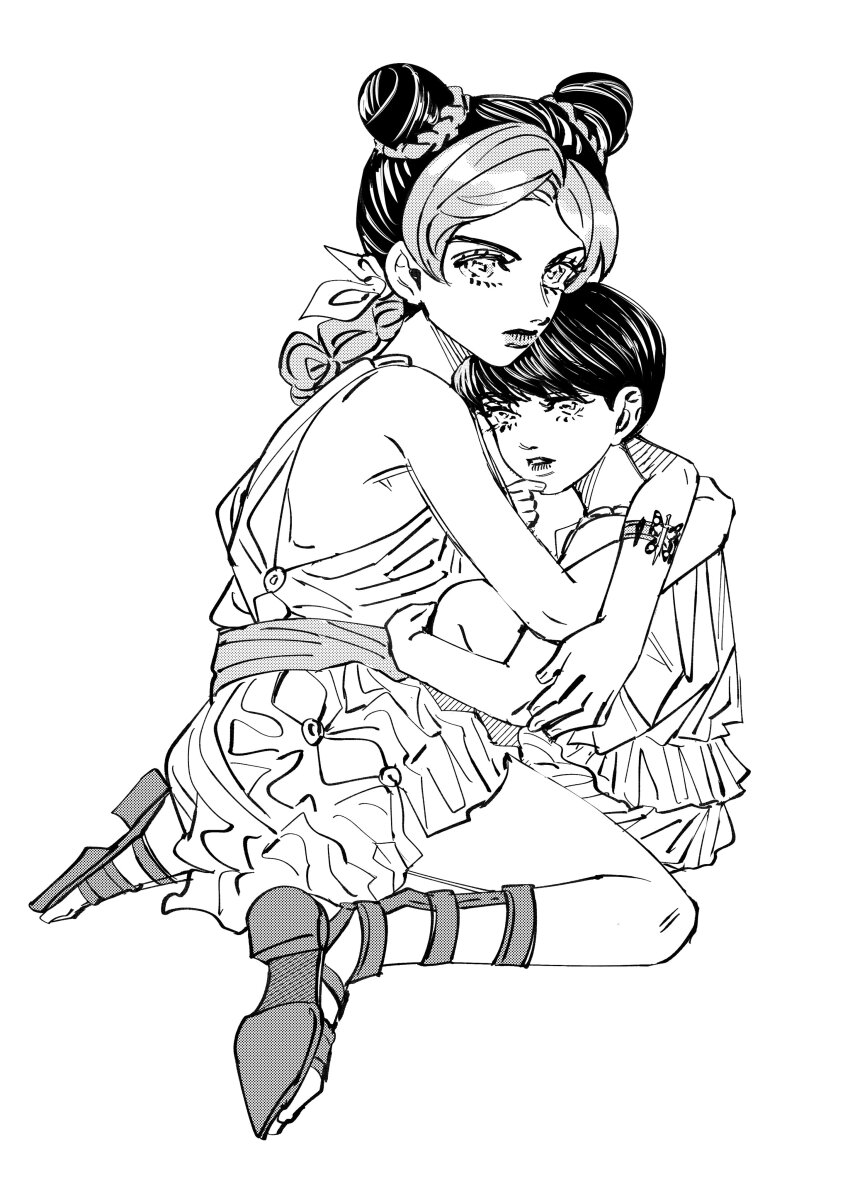 1boy 1girl absurdres aged_down arm_tattoo braid braided_ponytail bun_with_braided_base child commentary_request danggo99 double_bun dress giorno_giovanna hair_bun haruno_shiobana highres jojo_no_kimyou_na_bouken korean_commentary kuujou_jolyne multicolored_hair parted_lips sandals short_dress sitting stone_ocean tattoo two-tone_hair vento_aureo wariza