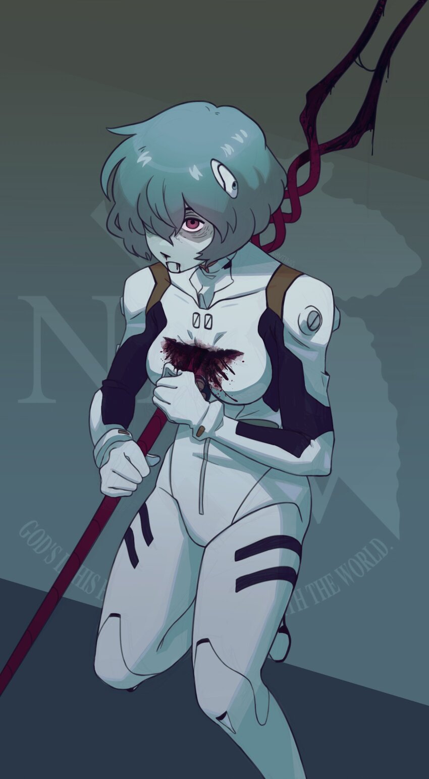 1girl absurdres ayanami_rei bags_under_eyes blood blood_from_mouth bloody_weapon blue_hair bodysuit breasts commentary english_commentary grey_background hair_over_one_eye highres holding holding_polearm holding_weapon interface_headset_(evangelion) lance_of_longinus_(evangelion) mecha_pilot_suit medium_breasts mvthwus neon_genesis_evangelion nerv pale_skin plugsuit_(evangelion) polearm red_eyes self-harm shaded_face short_hair simple_background solo stab standing standing_on_one_leg weapon white_bodysuit