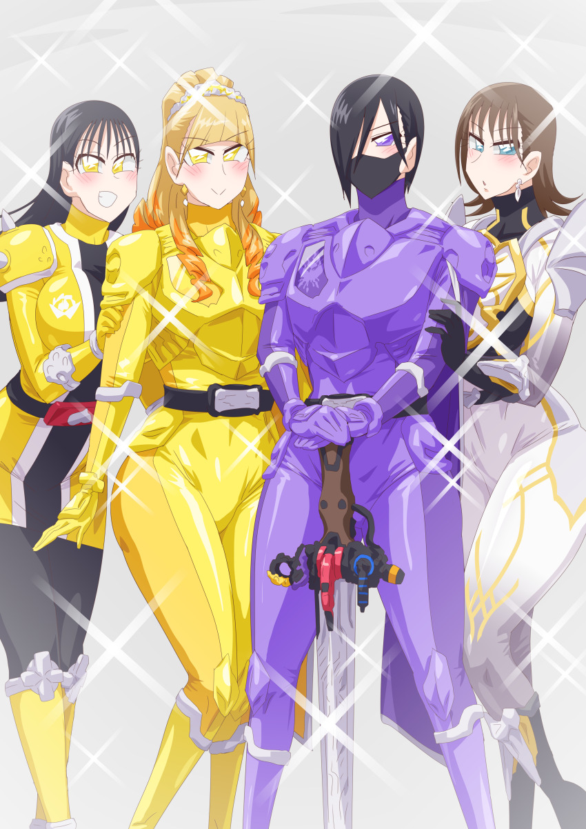 4girls absurdres avataro_sentai_donbrothers black_hair blonde_hair blue_eyes bodysuit brown_hair face_mask heterochromia highres himeno_ran kanisuka_rita kito_haruka mask multiple_girls no_headwear ohsama_sentai_king-ohger otokamu pin_up sononi_(donbrothers) super_sentai weapons yellow_eyes