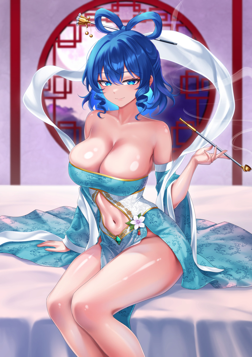 1girl absurdres bare_shoulders bed blue_eyes blue_hair breasts cleavage hair_ornament hair_rings hair_stick highres holding holding_smoking_pipe kaku_seiga leo23 sitting smile smoking_pipe solo touhou wide_sleeves
