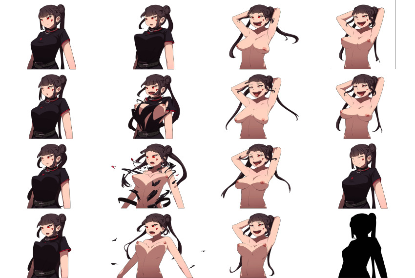 1girl absurdres ahegao bare_shoulders black_dress blush bouncing_breasts breasts brown_hair dress embarrassed exploding_clothes facial_tattoo highres long_hair medium_breasts nani nipples non-web_source open_mouth ponytail red_eyes sagging_breasts solo sprite_sheet tattoo vst