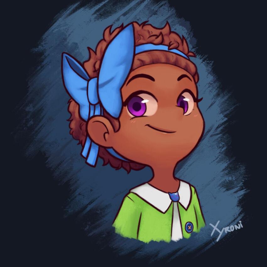 1girl a_hat_in_time blue_bow blue_hairband bow bow_hairband bow_kid brown_hair buttons child closed_mouth commentary cropped_torso dark-skinned_female dark_skin english_commentary green_jacket hairband highres jacket looking_at_viewer purple_eyes smile solo xyronii