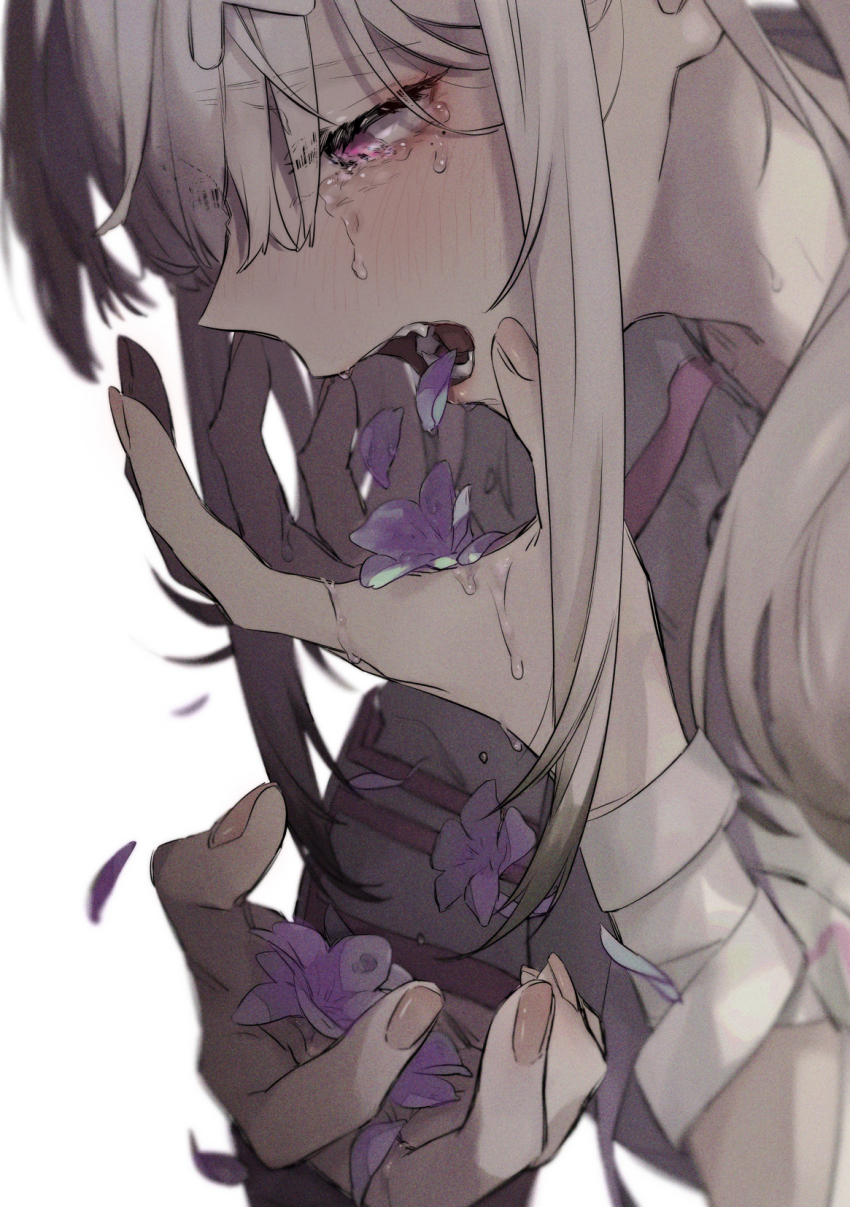 1girl arm_ribbon close-up commentary_request coughing_flowers crying crying_with_eyes_open falling_petals flower hands_up highres long_hair mole mole_under_eye nijisanji open_mouth petals pink_eyes profile purple_flower ribbon saliva sharp_teeth shuu-0208 simple_background solo sukoya_kana tears teeth upper_body virtual_youtuber white_background white_hair white_ribbon