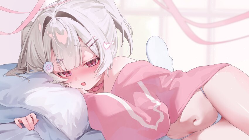 1girl bare_shoulders blonde_hair blurry blurry_background day hair_intakes hair_ornament hairclip hairpin half-closed_eyes head_on_pillow heart highleg highleg_panties highres indoors kakuma_aru long_sleeves looking_at_viewer lying medium_hair on_side open_mouth original panties pillow pink_eyes pink_shirt raised_eyebrows shirt solo straight_hair underwear white_panties window