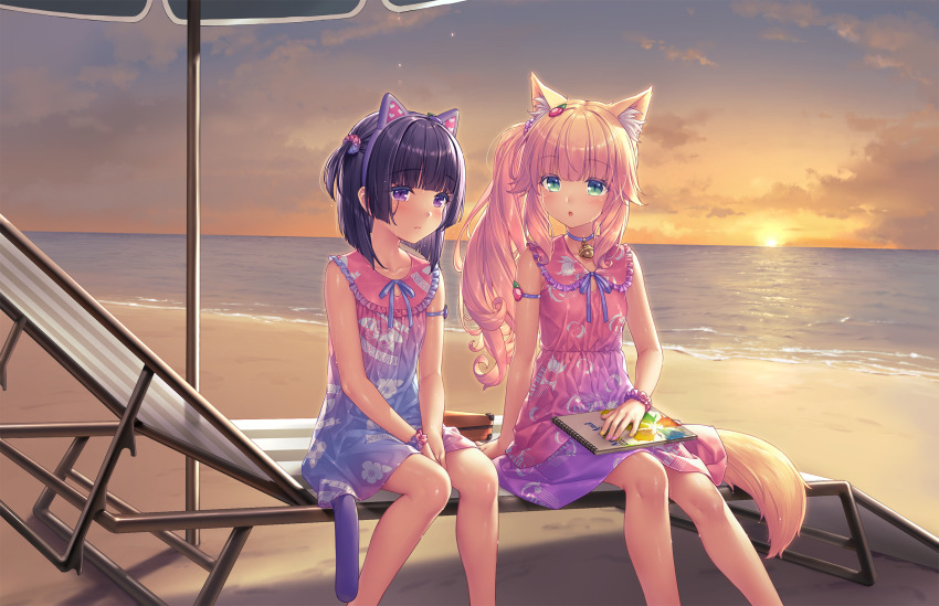 2girls :o alternate_hairstyle animal_ear_fluff animal_ear_hairband animal_ears arm_strap beach beach_chair beach_umbrella bell between_legs blue_hair blush bow cat_ear_hairband cat_ears cat_girl cat_tail chair closed_mouth clothes_writing cloud collarbone dress dress_bow english_text fake_animal_ears fake_tail floral_print flower_print food-themed_hair_ornament food_print fraise_(nekopara) fruit_hair_ornament fruit_print game_cg green_eyes hair_ornament hair_scrunchie hairband hand_between_legs heart heart_print highres horizon long_hair looking_at_another looking_to_the_side lounge_chair medium_hair minazuki_shigure multicolored_dress multiple_girls nail_polish neck_bell nekopara non-web_source ocean official_art open_mouth outdoors pink_hair pink_nails ponytail print_dress purple_eyes sand sayori_(neko_works) scrunchie side_ponytail sitting slit_pupils sunset sweat tail umbrella water wavy_hair wrist_scrunchie yellow_nails