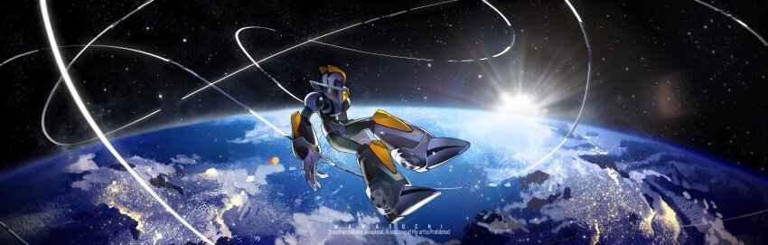 1boy absurdres armor artist_name earth_(planet) from_behind full_body helmet highres male_focus mega_man_(series) mega_man_x8 mega_man_x_(series) neutral_armor_x_(mega_man) planet solo space sun watermark wawadochi white_armor white_helmet wide_shot x_(mega_man)