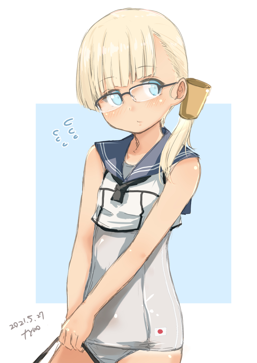 1girl absurdres artist_logo bespectacled black-framed_eyewear black_neckerchief black_sailor_collar blonde_hair blue_eyes blunt_bangs cosplay cowboy_shot crop_top dated flying_sweatdrops fyuo glasses grey_one-piece_swimsuit hair_ornament hair_over_shoulder highres kantai_collection logo long_hair looking_at_viewer neckerchief one-hour_drawing_challenge one-piece_swimsuit ro-500_(kancolle) ro-500_(kancolle)_(cosplay) sailor_collar shin&#039;you_(kancolle) solo swimsuit swimsuit_under_clothes tan