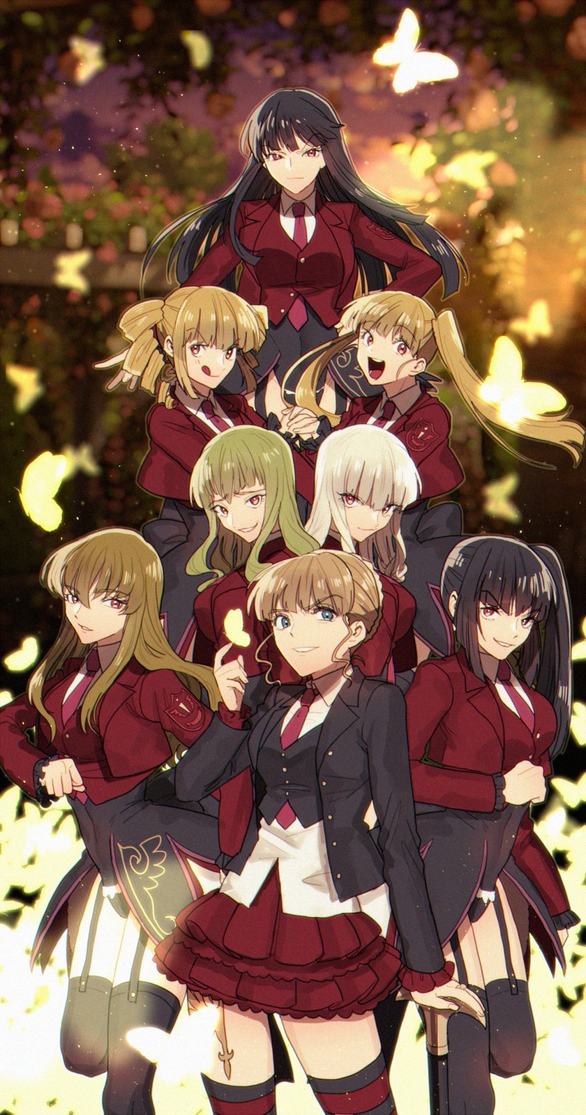 6+girls absurdres alternate_costume asmodeus_(umineko) beatrice_(umineko) beelzebub_(umineko) belphegor_(umineko) blazer blonde_hair blue_eyes braid braided_bun bug butterfly cane collared_shirt frilled_skirt frills garter_straps hair_bun highres insect jacket leotard leotard_under_clothes leviathan_(umineko) lucifer_(umineko) mammon_(umineko) momoka_(abc_momoka0718) multiple_girls necktie pink_necktie red_eyes red_skirt satan_(umineko) shirt showgirl_skirt sisters_of_purgatory skirt stakes_of_purgatory striped_clothes striped_legwear striped_thighhighs thighhighs umineko_no_naku_koro_ni vest waistcoat